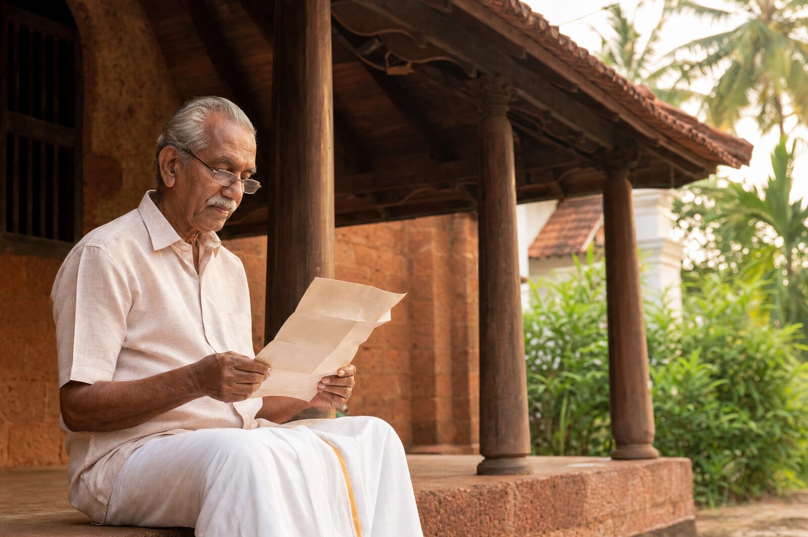 An elderly Kerala man reads a form on the veranda of a traditional house